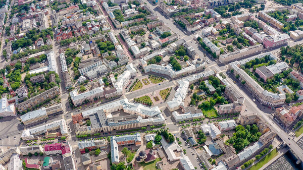 Panorama of the city of Tver, Russia. Aerial view. Lenin Square, From Drone