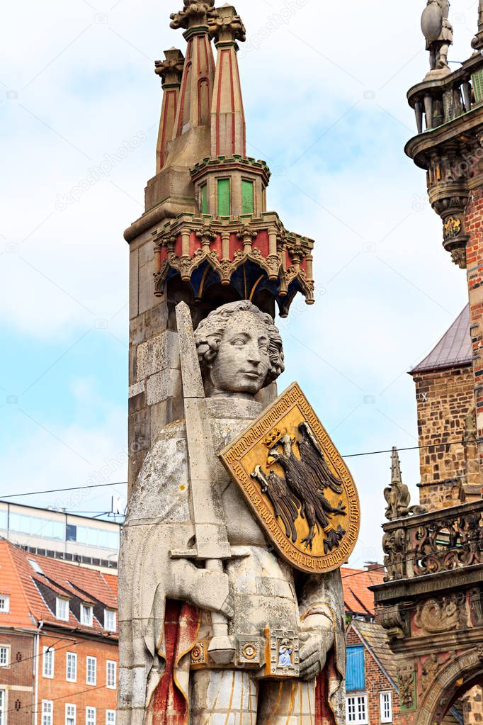 Bremen, Germany. Bremen Roland. 15th century statue with coat of