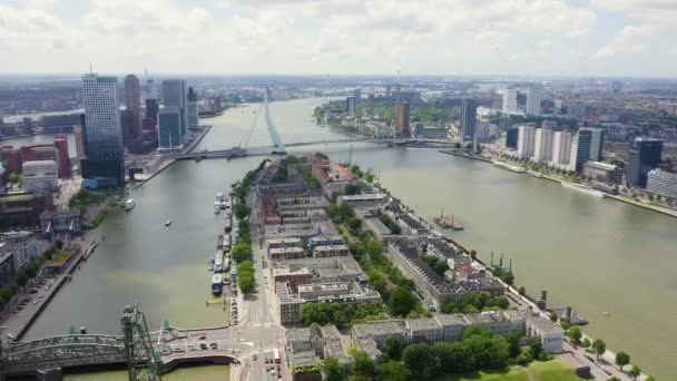 Rotterdam, Olanda. Insula Norderayland (Insula de Nord) și Podul Erasmus (Erasmusbrug) deasupra râului Nieuwe Maas. 4K — Videoclip de stoc