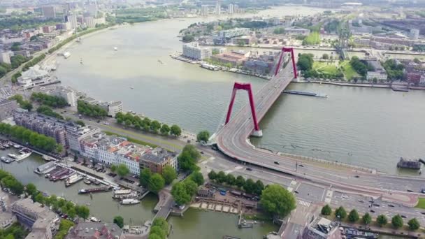 Rotterdam, Netherlands. Williamsburg Suspension Bridge over the Nieuwe Maas River. 4K — Stock Video