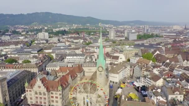 Zurych, Szwajcaria. Panorama miasta z powietrza. Kościół oszustów. 4K — Wideo stockowe