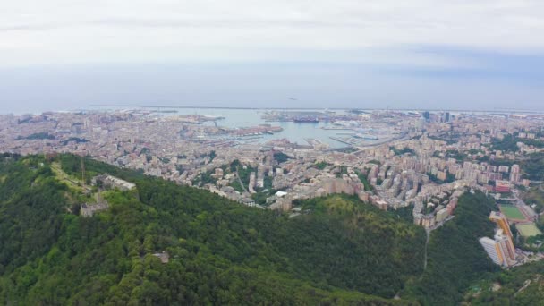 Genoa, Italy. Central part of the city, aerial view. Ships in the port. 4K — Stock Video