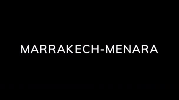 Del efecto Glitch surge el Aeropuerto Internacional MARRAKECH-MENARA. Entonces el televisor se apaga. Canal alfa Premultiplicado - Estera con color negro — Vídeo de stock