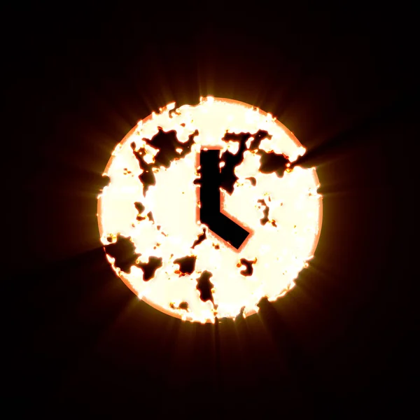 Relógio de símbolo queimado em um fundo preto. Brilho brilhante — Fotografia de Stock
