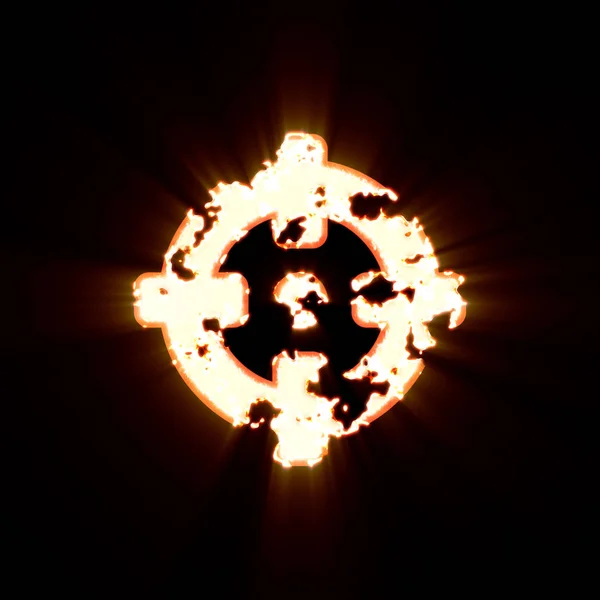 Szimbólum célkereszt égett egy fekete háttér. Fényes fény — Stock Fotó