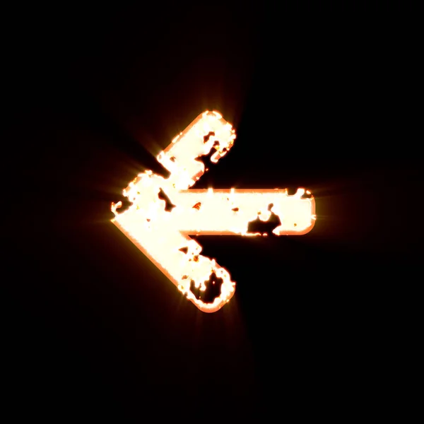 Σύμβολο βέλος αριστερά καίγεται σε μαύρο φόντο. Φωτεινή λάμψη — Φωτογραφία Αρχείου