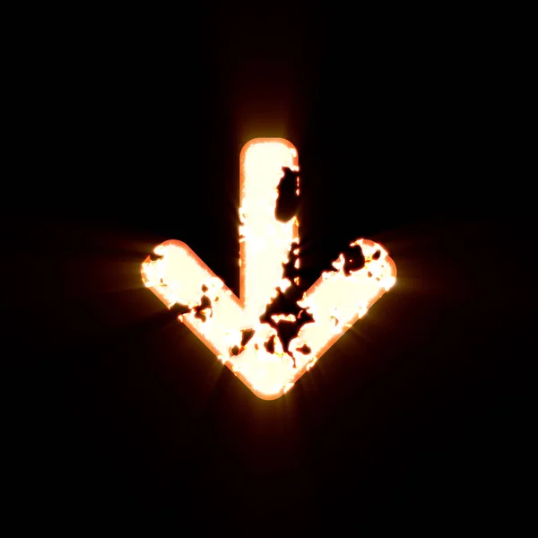 Seta de símbolo abaixo queimada em um fundo preto. Brilho brilhante — Fotografia de Stock