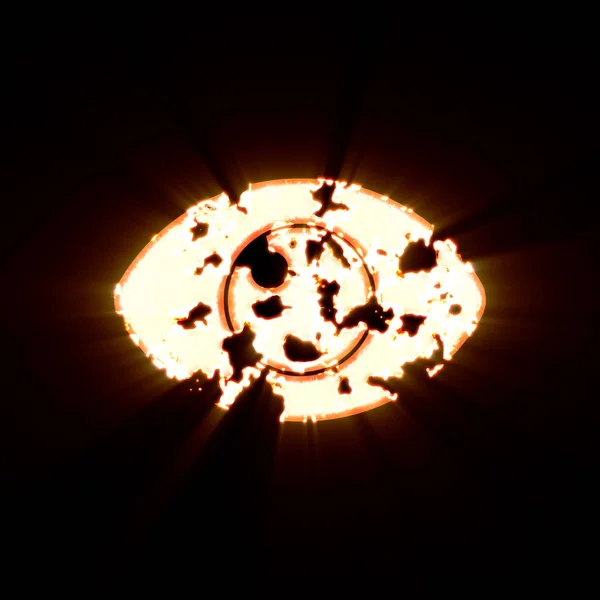Olho de símbolo queimado em um fundo preto. Brilho brilhante — Fotografia de Stock