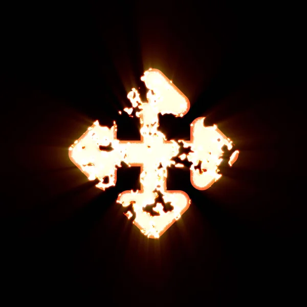 符号箭头朝下，右左燃烧在黑色背景上。 明亮的光芒 — 图库照片