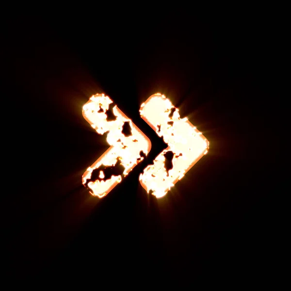 Symbol angle double right burned on a black background. Bright shine — Stock Photo, Image