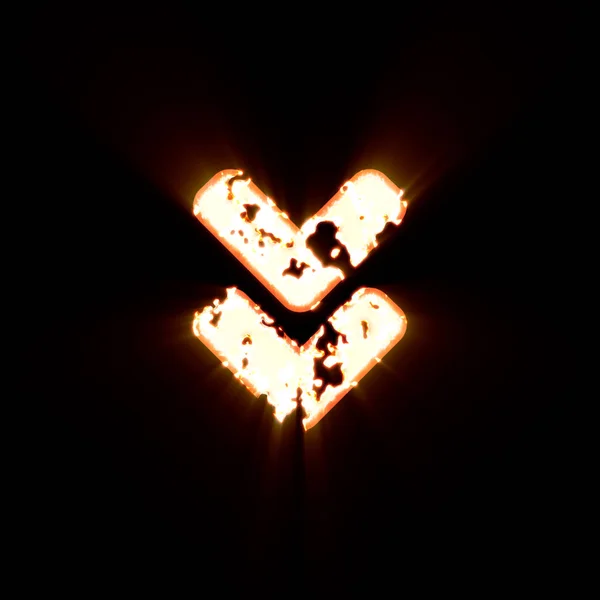 Symbol Angle double down burned on a black background. Bright shine