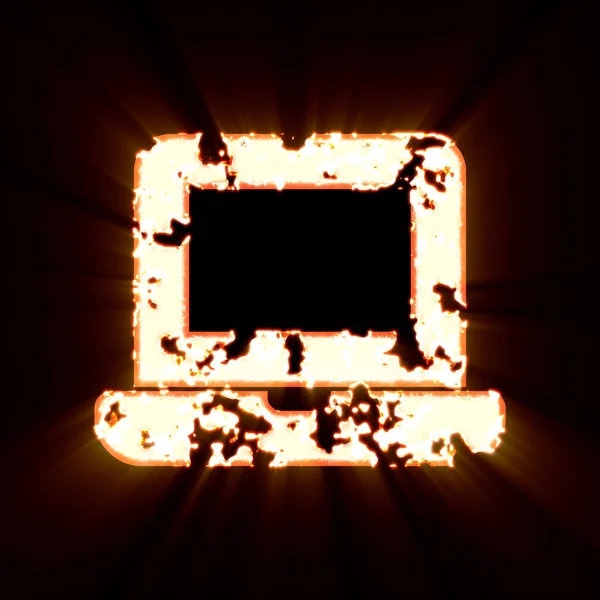 Laptop símbolo queimado em um fundo preto. Brilho brilhante — Fotografia de Stock