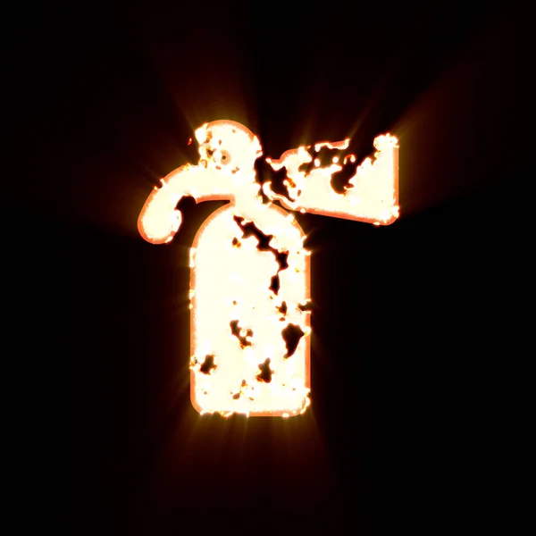 Extintor de fogo de símbolo queimado em um fundo preto. Brilho brilhante — Fotografia de Stock