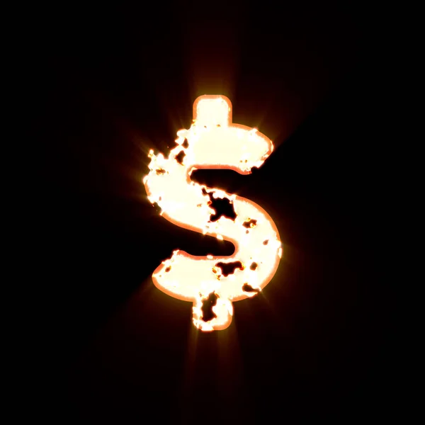 Signo de dólar de símbolo queimado em um fundo preto. Brilho brilhante — Fotografia de Stock