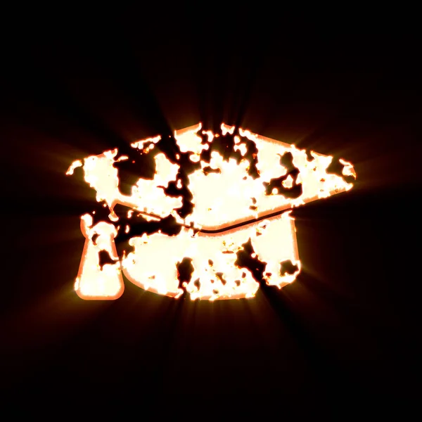 Symbol examen mössa bränd på en svart bakgrund. Ljus glans — Stockfoto