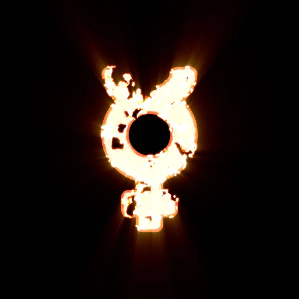 Símbolo mercurio quemado sobre un fondo negro. Brillante brillo —  Fotos de Stock