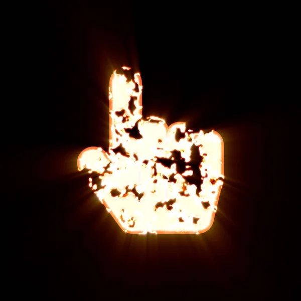 Symbol hand pointer burned on a black background. Bright shine