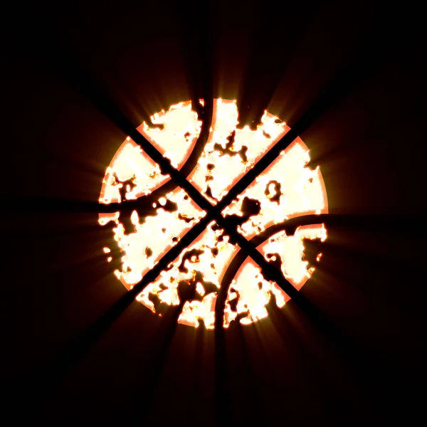 Symbol piłki do koszykówki spalony na czarnym tle. Jasny blask — Zdjęcie stockowe