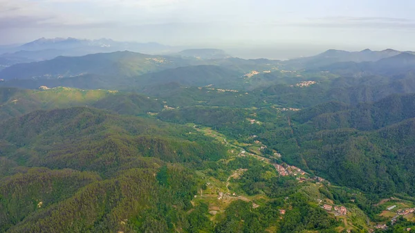 イタリアだ森に覆われた山やヴィラ。リグーリア州,ラ・スペツィア県のPignoneの領土,空中ビュー — ストック写真
