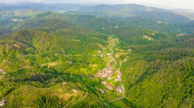 İtalya. Orman, dağlarla ve villalarla kaplıydı. Liguria Bölgesi 'nde Pignone bölgesi, La Spezia ili, Havadan Görünüm 