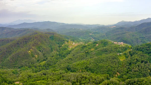 이탈리아. 산 과 별장은 숲으로 덮여 있었다. 라스 페시아 주 리구리아 지역에 있는 피그네의 영역, 공중에서 본 광경 — 스톡 사진