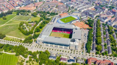 Kopenhag, Danimarka - 26 Haziran 2019: Parken Stadyumu (Telia Parken) Kopenhag ' da bulunan bir stadyum. Maç ların yapılacağı yer 2020 Euro. Havadan görünüm, Havadan Görünüm 