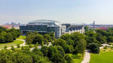 Kopenhag, Danimarka - 26 Haziran 2019: Parken Stadyumu (Telia Parken) Kopenhag ' da bulunan bir stadyum. Maç ların yapılacağı yer 2020 Euro. Havadan görünüm, Havadan Görünüm 