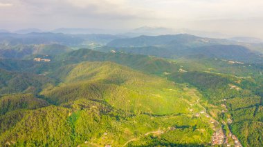 İtalya. Orman, dağlarla ve villalarla kaplıydı. Liguria Bölgesi 'nde Pignone bölgesi, La Spezia ili, Havadan Görünüm 