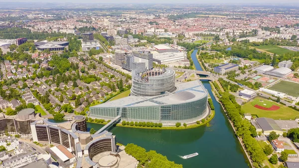 Strasbourg, France - July 5, 2019: The complex of buildings is the European Parliament, the European Court of Human Rights, the Palace of Europe, Aerial View