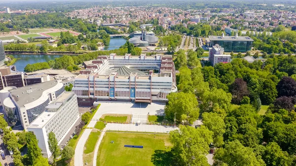 Strasbourg, France - July 5, 2019: The complex of buildings is the European Parliament, the European Court of Human Rights, the Palace of Europe, Aerial View