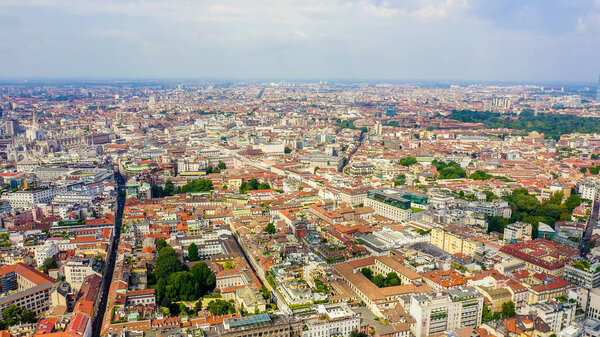 Milan, Italy. Roofs of the city aerial view. Cloudy weather, Aerial View