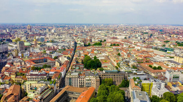 Milan, Italy. Roofs of the city aerial view. Cloudy weather, Aerial View