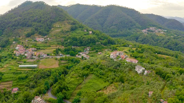 İtalya. Orman, dağlarla ve villalarla kaplıydı. Liguria Bölgesi 'nde Pignone bölgesi, La Spezia ili, Havadan Görünüm 