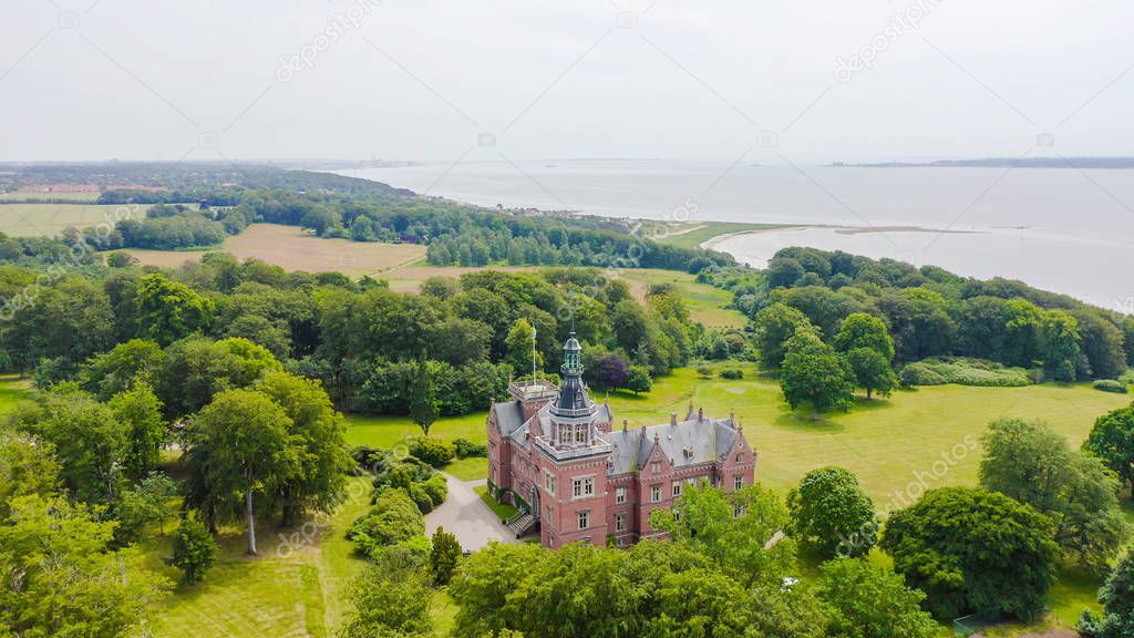 Sweden. Castle on the banks of the Oresund Strait, From Drone 