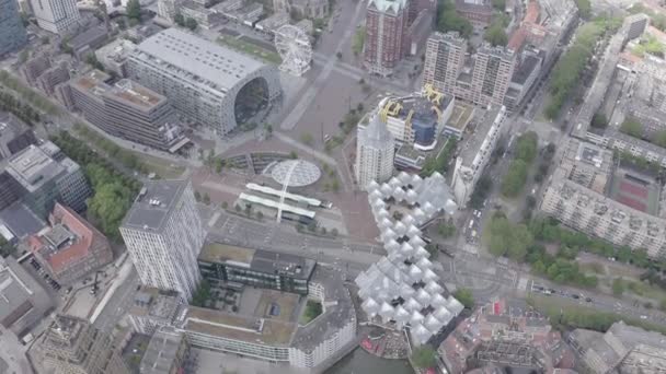 Rotterdam, Nederland. Panorama van het zakelijke deel van de stad. Bewolkt weer. Kubieke huizen. 4k — Stockvideo