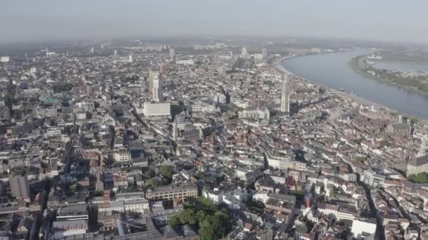 Antwerpen, België. Vliegen over de daken van de historische stad. Schelde (Esco) rivier. 4K — Stockvideo