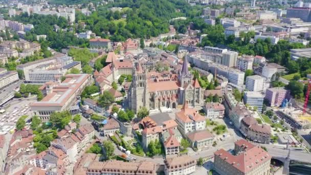 Lausanne, Switzerland. Cathedral of Lausanne. La Cite is a district historical centre. 4K — Stock Video