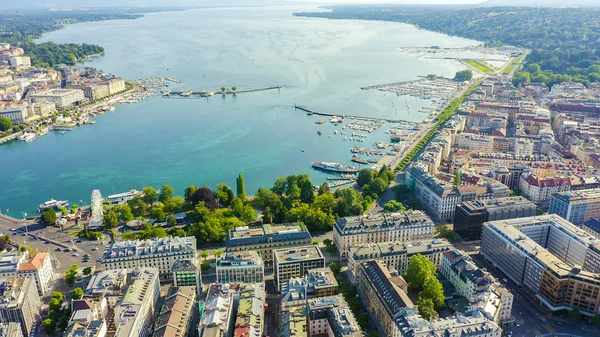 Genève, Zwitserland. Vlucht over het centrale deel van de stad. Meer van Genève, Uitzicht op de lucht — Stockfoto