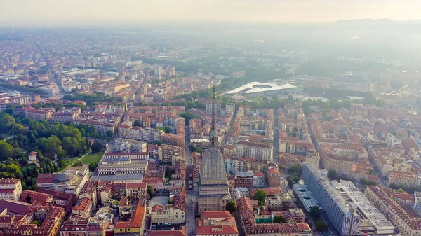Turin, Italy. Flight over the city. Mole Antonelliana - a 19th-century building with a 121 m high dome and a spire, Aerial View — Stock Photo, Image