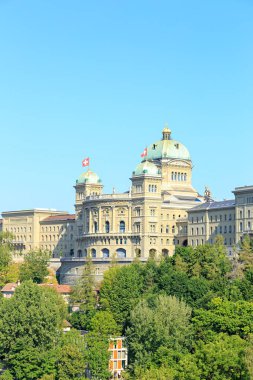 Bern, Switzerland. Bundeshaus - Federal Palace. Facade with official emblems of the regions