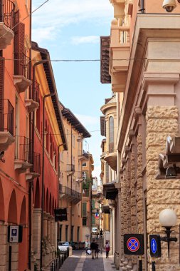 Verona, Italy - July 15, 2019: Houses on Via Portici in the historic city