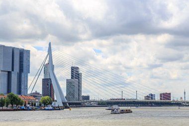 Rotterdam, Hollanda - 1 Temmuz 2019: Gökdelenler de Rotterdam (Rotterdam) ve Erasmus Köprüsü