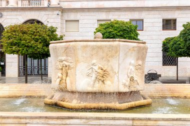 Bergamo, Italy - July 15, 2019: Fontana di Porta Nuova. The historical part of the city. Lower City. Rainy weather