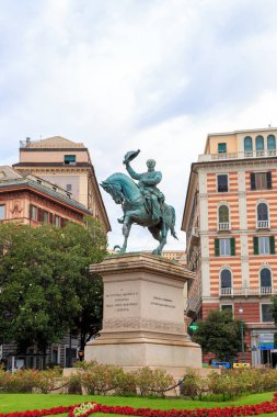 Genoa, Italy - July 11, 2019: Equestrian statue of 1886. Monument to Victor Emmanuel II (1820-1878) became the first king of a united Italy