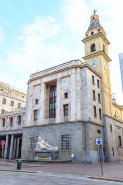 Turin, Italy - July 12, 2019: Po and Dora Fountains. Represented by a man and a woman lying on the foundations from which water flows. Umberto Balloni