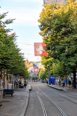 Zurich, Switzerland - July 6, 2019: Bahnhofstrasse street in the historic city center. Stop and tram tracks
