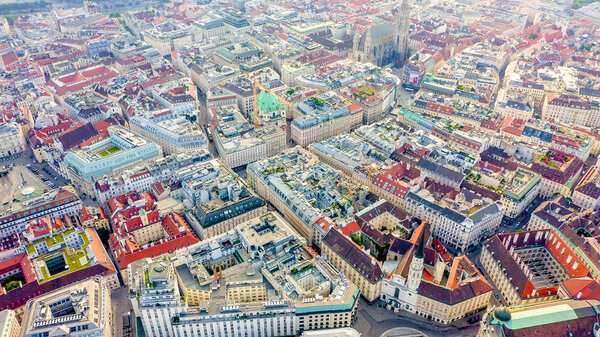 Vienna, Austria. Flight over the historic city center of Vienna, Aerial View