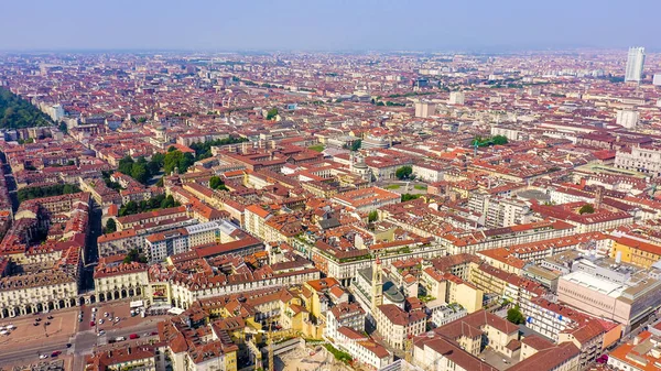 Torino Olaszország Repülés Város Felett Történelmi Központ Felülnézet Légi Felvétel — Stock Fotó