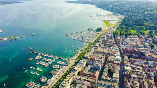 スイスのジュネーヴ 市内中心部を飛行します ジュネーブ湖 空中ビュー — ストック写真