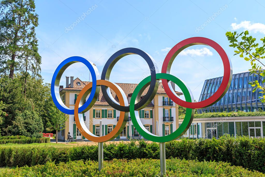 Lausanne, Switzerland - July 13, 2019: New Headquarters International Olympic Committee. Olympic rings